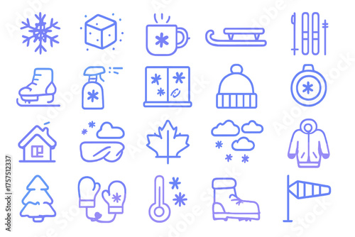 Winter activities and symbols in a colorful, minimalistic design featuring snowflakes and seasonal items