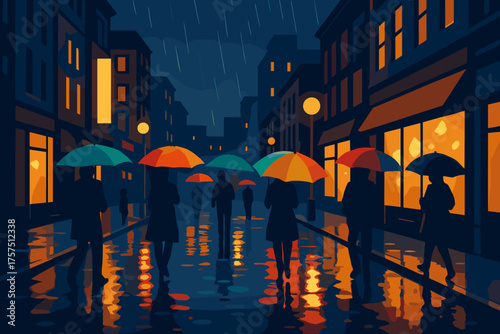 Colorful umbrellas brighten a rainy evening street scene in a vibrant city