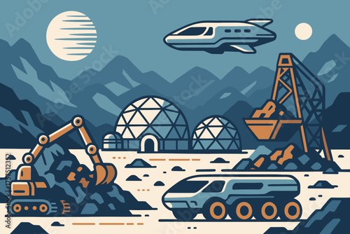 Exploring a futuristic landscape on another planet with advanced machinery and transport vehicles