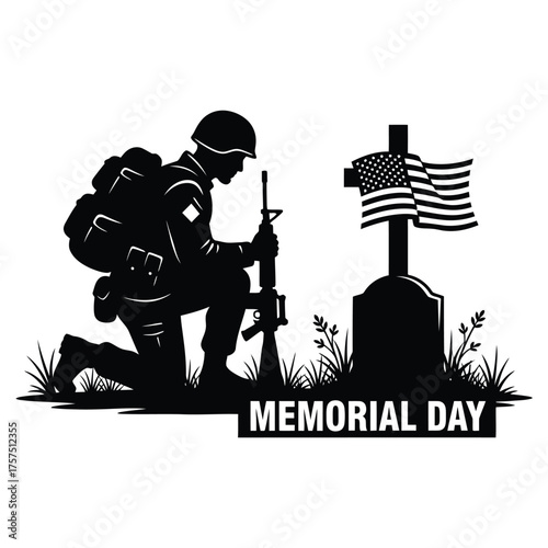 Soldier kneeling in silhouette with rifle at grave marked by american flag for memorial day tribute