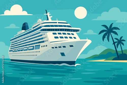 Large cruise ship sailing smoothly across a calm sea with tropical islands and palm trees in the background during a bright sunny day