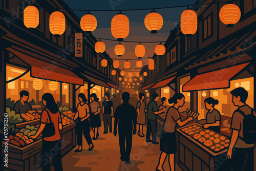 Night market scene with colorful lanterns and bustling crowds in a lively street market