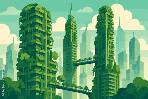 Modern green skyscrapers integrate nature in a vibrant urban setting during daytime, promoting eco-friendly architecture