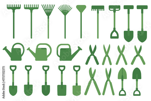 Variety of green gardening tools arranged neatly for outdoor gardening activities in a sunny environment