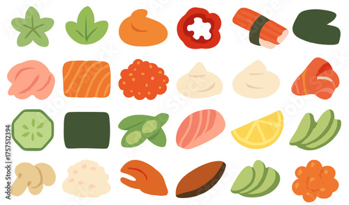 Colorful assortment of sushi ingredients laid out on a white background for culinary inspiration