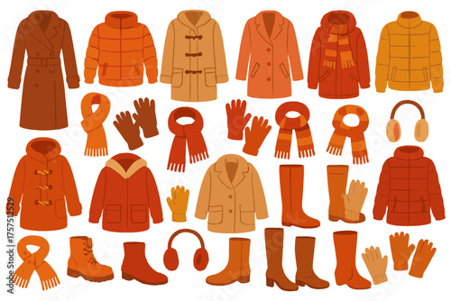 Collection of warm winter clothing items in shades of orange and brown arranged creatively on a white background