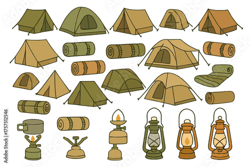 Collection of camping gear including tents, sleeping bags, and lanterns designed for outdoor adventures