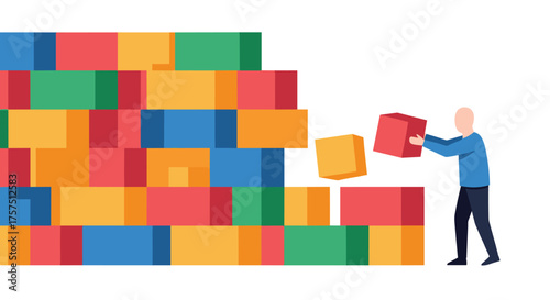 Man Building Colorful Toy Block Wall Construction Concept Illustration