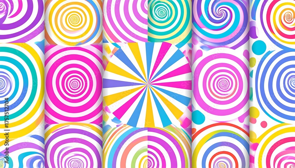Fototapeta premium A vibrant grid featuring swirling circular patterns in a spectrum of bright, pastel colors, creating a dynamic and playful visual
