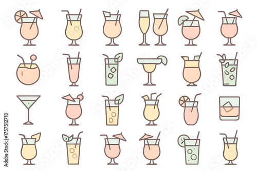 Colorful collection of refreshing cocktails and drinks displayed on a light background