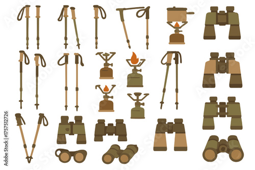 Equipment for outdoor adventures featuring hiking poles, cooking gear, and binoculars for exploration and camping activities