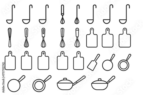 Kitchen utensils arranged in a clean layout showcasing essential cooking tools for culinary activities