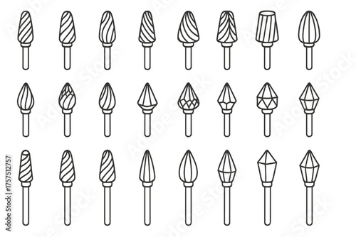 Different shapes of nail drill bits for various manicure techniques and nail care tasks in a salon setting
