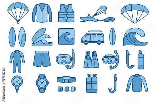 Surfing and water sports equipment icons for beach activities at coastal locations