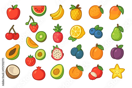 Fresh fruits displayed in a colorful arrangement on a white background