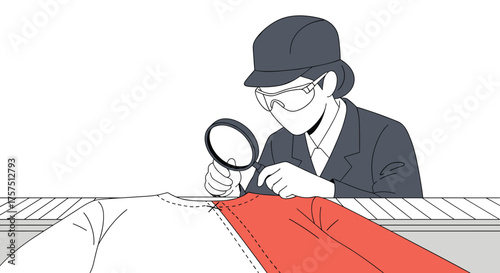 A focused investigator meticulously examines fabric details with a magnifying glass