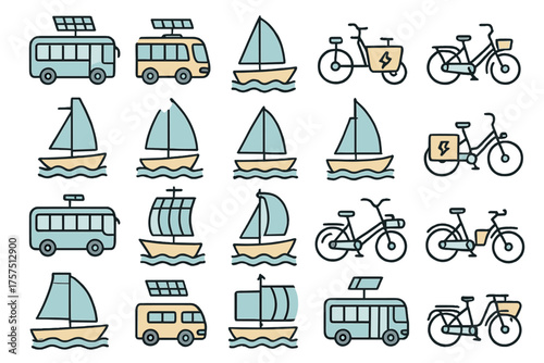 Various modes of eco-friendly transportation including buses, bicycles, and sailboats arranged in a grid pattern
