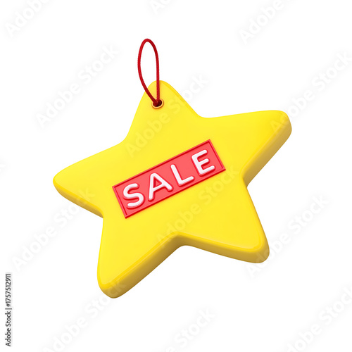 A 3D render of a yellow star shaped sale tag with a red cord attached to the top and 