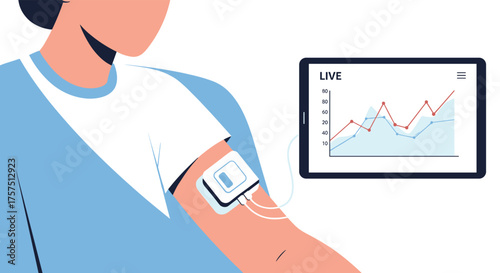 Wearable Medical Device Monitoring Health Data Live on Tablet Screen