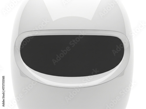 Futuristic white robot head with glossy black digital face display on a transparent background