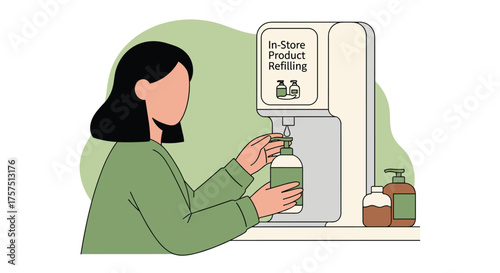 Woman Using a Refill Station Dispensing Liquid into a Bottle for Sustainable Living