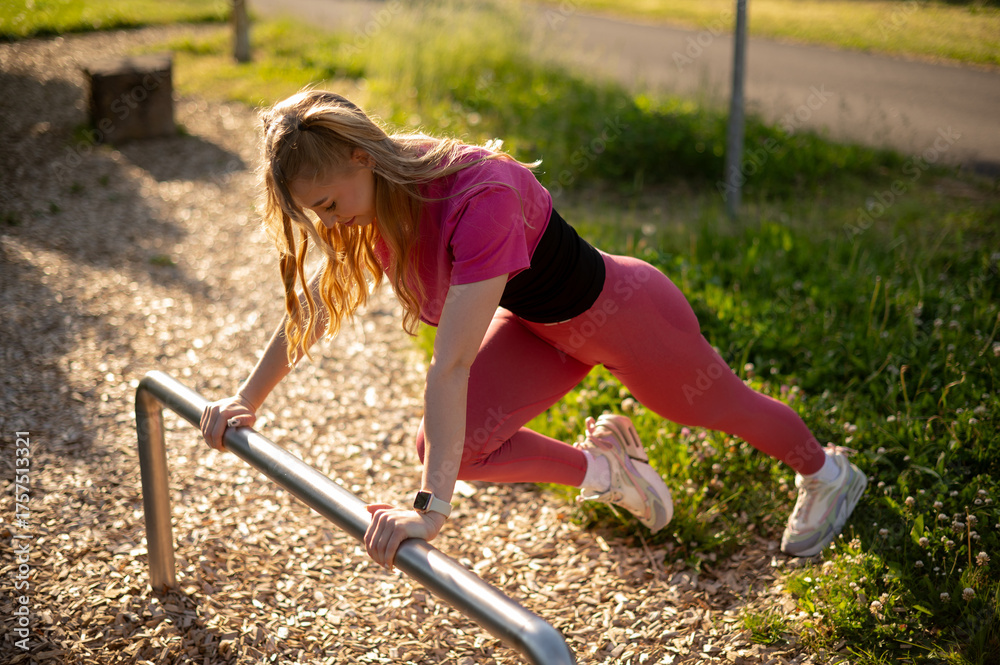 Fototapeta premium Woman Exercising on Metal Bar in Park