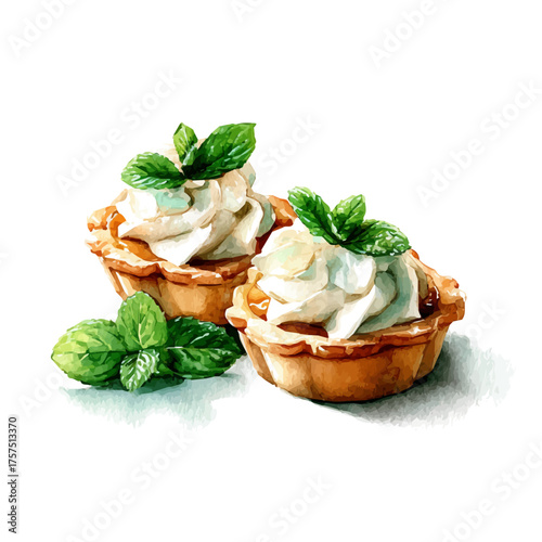 Homemade Mini Pies With Golden Crust And Cream, watercolor painting vector, isolated on a white background.
