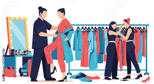 Fashion Designers Dressing Models for a Runway Show Preparation