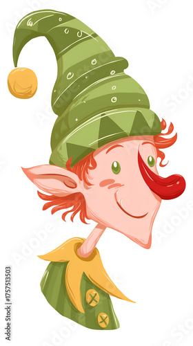 Cartoon elf character illustration with a green hat, big ears, red hair and a big nose on a black background.
