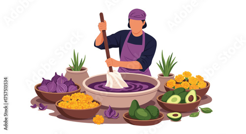 Person preparing a purple mixture in a large bowl surrounded by fresh ingredients