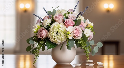 Elegant Floral Arrangement with Pink Roses, Hydrangea, and Lavender in a Modern Vase