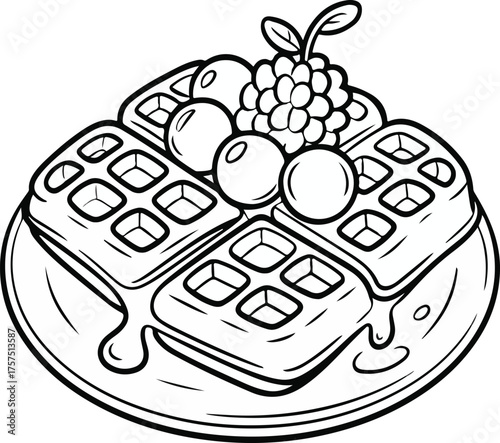 Delicious waffles with fresh fruit and syrup in line art illustration