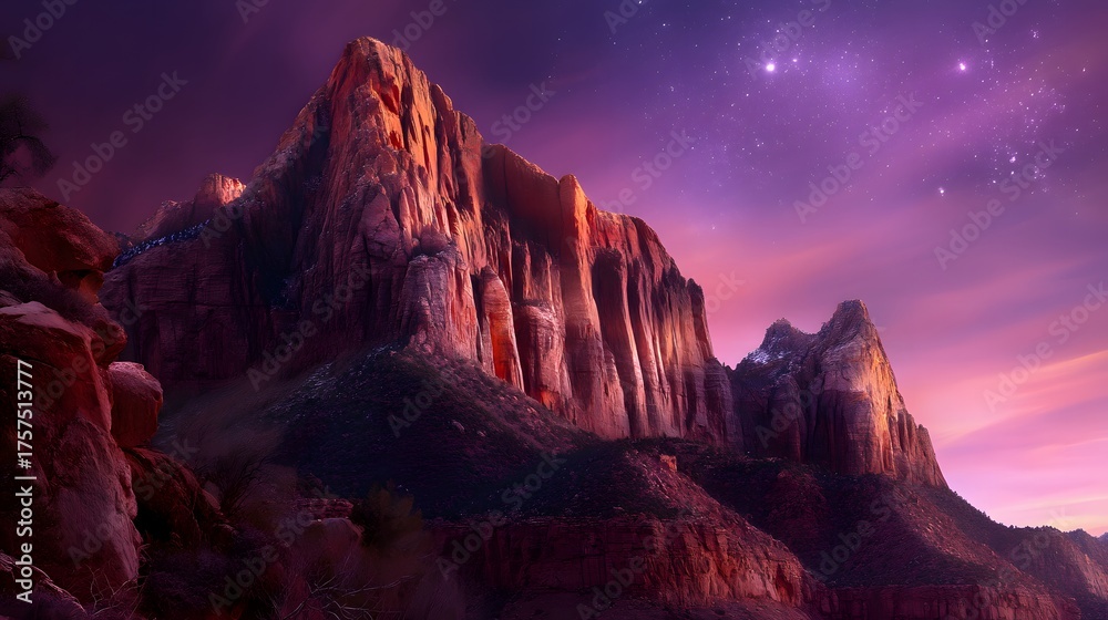 Naklejka premium Majestic desert cliffs glowing in warm copper and burnt orange twilight sky blended with lavender haze and subtle star glow, perfect for travel or adventure design