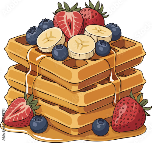 Belgian waffles food illustration with strawberries, blueberries, bananas, and syrup