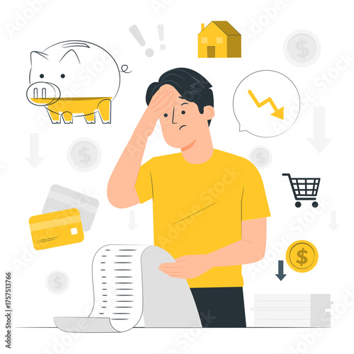 Financial trouble man stressed by debt, struggling with expenses and saving
