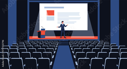 Man Presenting Information on a Large Screen to an Audience in a Conference Hall