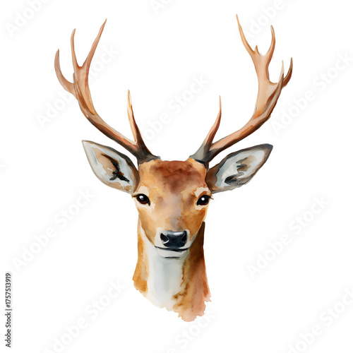 Watercolor painting of a deer head with large antlers. The illustration is set against a black backdrop for contrast.