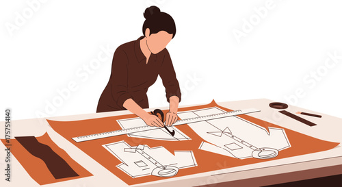 Fashion Designer Creating Garment Patterns on a Large Table for Clothing Production