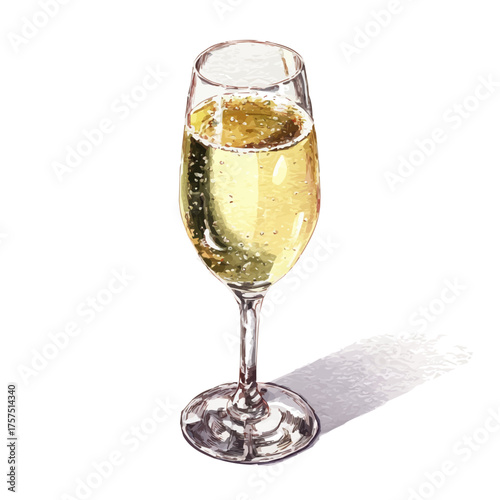 Sparkling Wine With Bubbles In Glass, watercolor illustration vector, isolated on a white background.