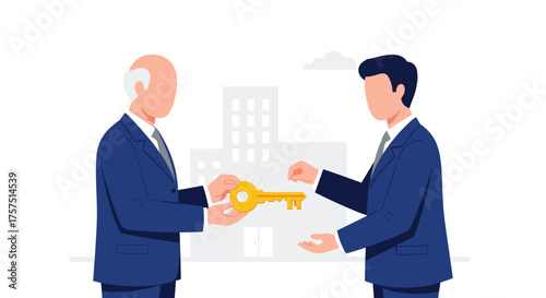 Business owner handing over keys to a new entrepreneur in a city setting
