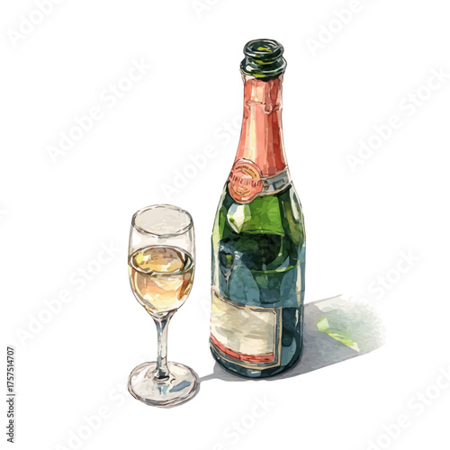 Champagne Bottle With Glass, watercolor clipart vector, isolated on a white background.