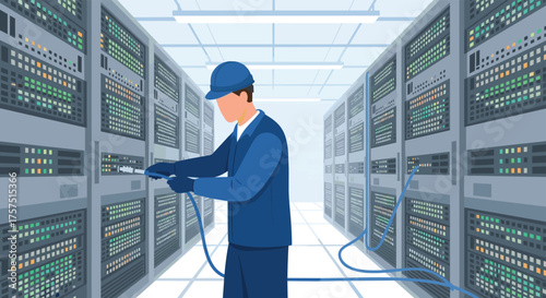 IT Technician Connecting Cables in a Modern Server Room