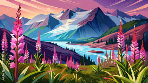 Very beautiful fireweed blooms in the foreground with Mendenhall Towers and Glacier in Tongass National Forest, Southeast Alaska, USA, showcasing vibrant purple flowers, icy blue glacier, and lush 