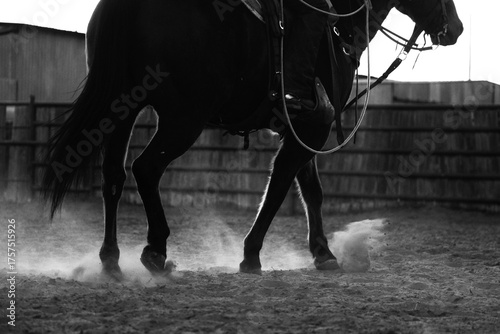 Western background with rider on horse in black and white, riding through outdoor arena dust at dusk.