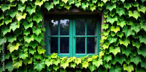 Abandoned Window, Overgrown Vine A weathered wooden window frame completely covered in lush green vines, sunlight streaming through the leaves. No people.