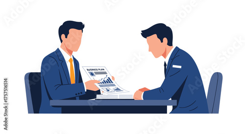 Business meeting between two professionals discussing documents at a table