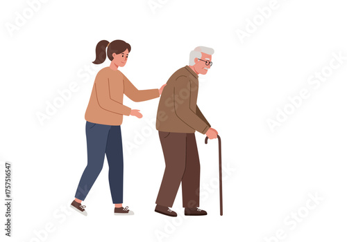 Young Woman Assisting Elderly Man with Cane.