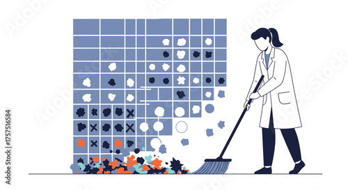 Data Cleaning Process Illustrated by Person Sweeping Away Debris from Chart
