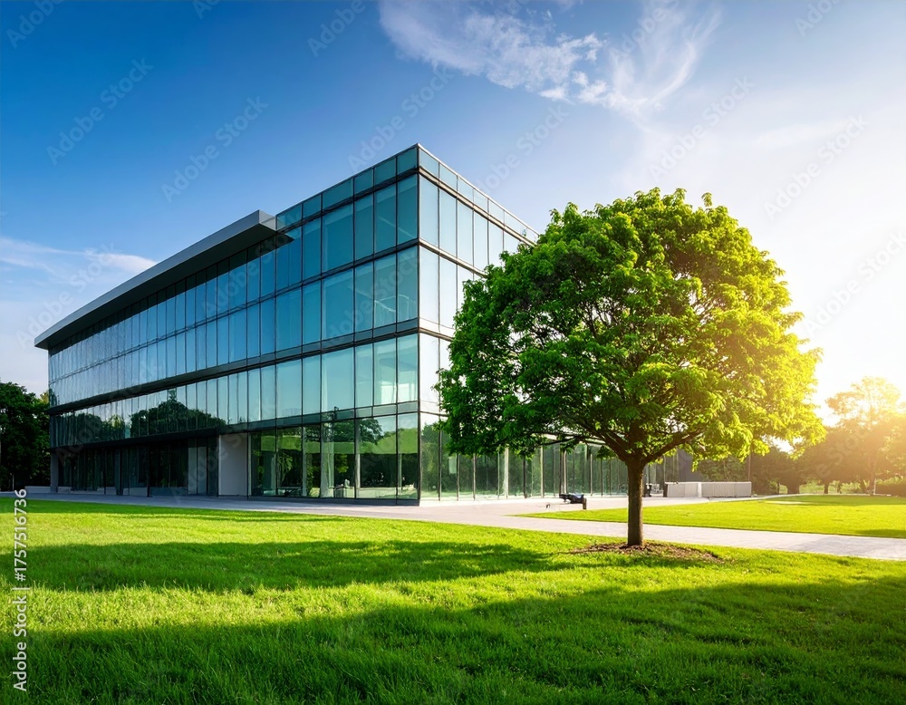 Fototapeta premium Sustainable glass office building with tree for reducing heat and carbon dioxide