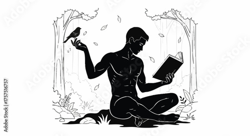 Silhouette of a man sitting in a forest, reading a book with a bird perched on his outstretched hand.